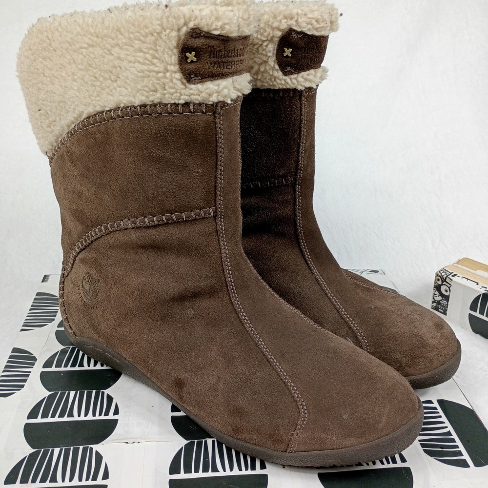 Timberland Waterproof Suede Faux Shearling Boots Brown 17656 Womens 11M